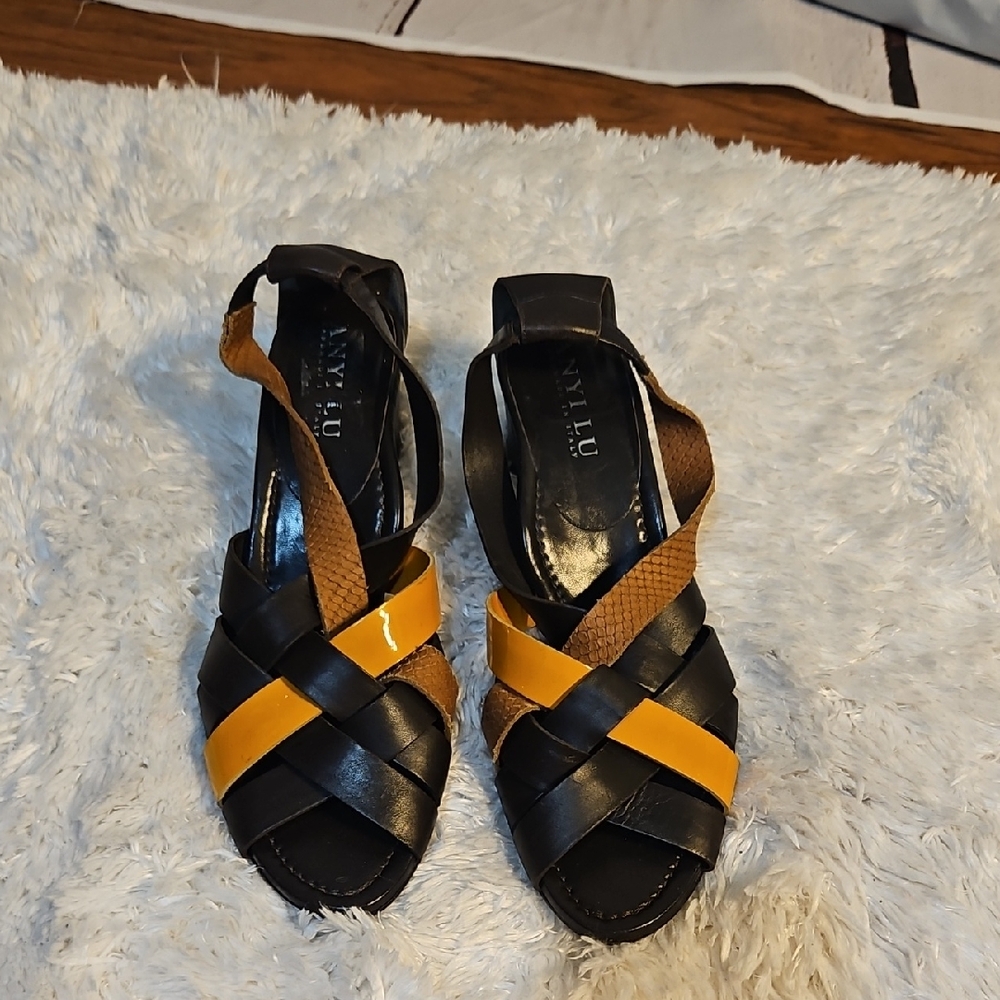 NYLLU Black Yellow Leather Woven Ankle Strap Heel Sandals Designer Shoes‎